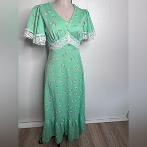 Vintage Green Floral Lace Trim Maxi Dress | Size 12 | Cottagecore Vintage Style